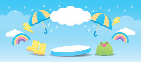 cute 3d illustration vector display podium with kawaii style graphic elements in rainy theme for putting object or product