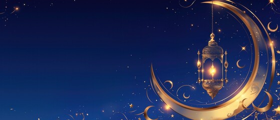 Glamorous and festive illustration with a large golden crescent moon and an ornate hanging lantern against a deep blue star - filled sky. 