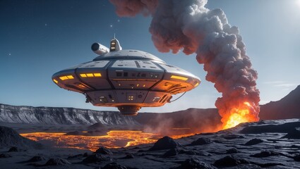 A futuristic spaceship hovering over a volcanic landscape with flowing lava and smoke billowing into the sky, showcasing an otherworldly scene