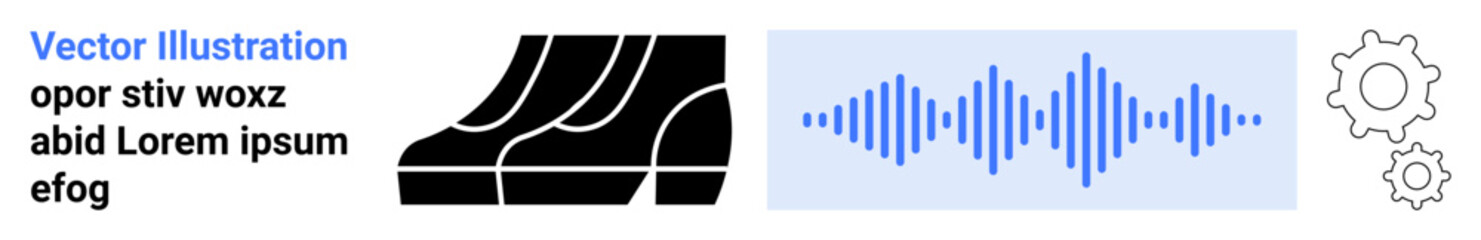 Abstract stairs, blue soundwave, and gear icons symbolize technology, sound design, automation, innovation, teamwork, software development and digital creativity. Ideal for flat landing page banner