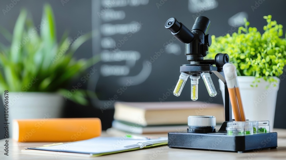 Poster a microscope surrounded by plants and science laboratory objects