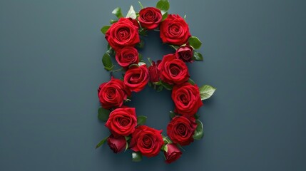 The figure 8 made of red roses. Women's Day. Romantic greeting card. AI generative.