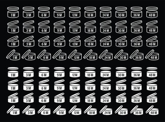 Period after opening vector icon set. White different PAO symbols on black background