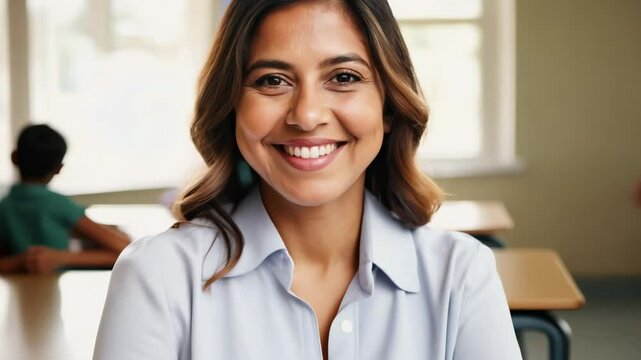 Portrait of smiling female teacher in a class at school looking at camera. Dedicated Caucasian female teacher, who believes that a smile can make all the difference in education.