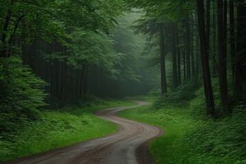 Fototapeta premium Misty Green Forest Path: Winding Dirt Road Through Lush Woodland