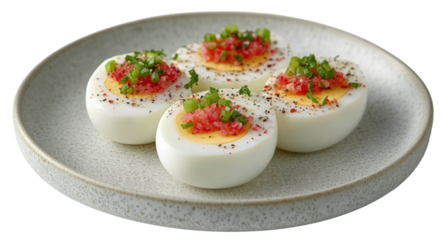 A delicious assortment of salmon canapés with egg and cheese, a tasty appetizer on a white plate