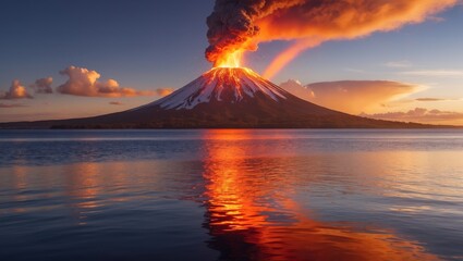 Fototapeta premium Majestic volcano erupting at sunset, with lava flowing and a vibrant rainbow across the sky reflecting on tranquil waters