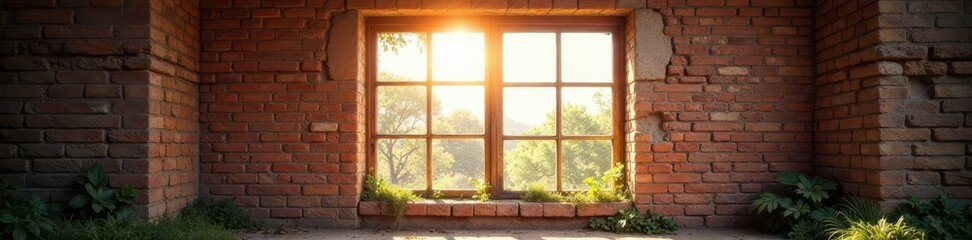 Aged window, weathered brick wall, sunlight streams through, detail, grunge