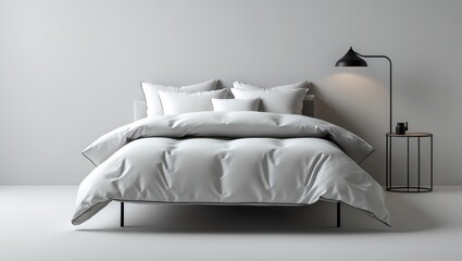 Modern minimalistic bedroom setting featuring a large white bed with plush pillows and a stylish bedside lamp in a neutral environment