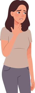 Concerned woman with hand on neck looking uneasy in a minimal style vector illustration
