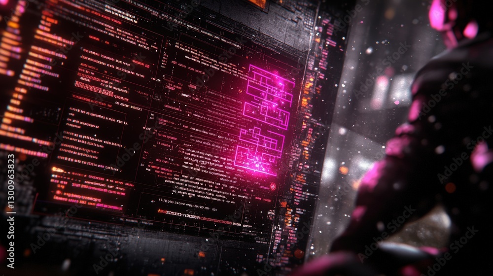 Wall mural computer screen displaying pink neon light with abstract futuristic data transfer background