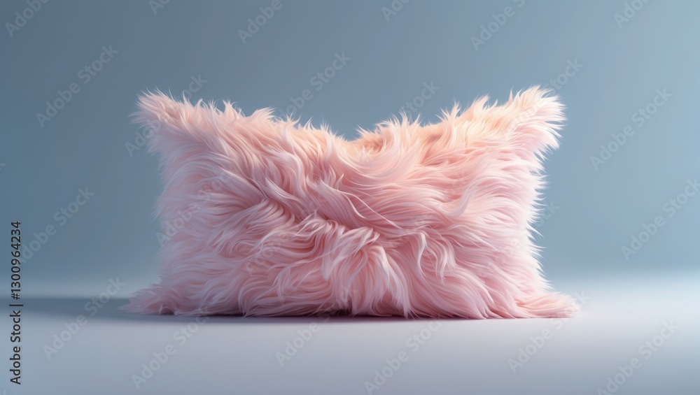 Poster textured pink cushion with a fluffy, fringed design against a soft gradient background