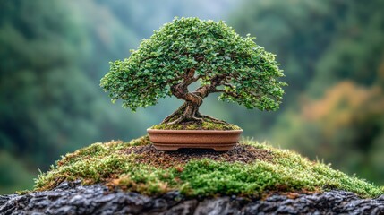 Bonsai tree on moss covered rock, misty forest background