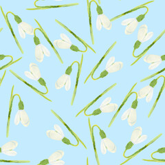 Floral spring seamless pattern with white snowdrops and green steams. Watercolor hand drawn isolated illustration.