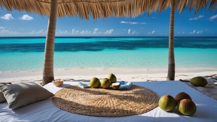 Obraz premium Relaxing beach setting with a straw hut and tropical fruits on a sandy shore beside crystal clear waters