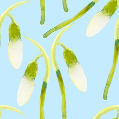 Floral spring seamless pattern with white snowdrops and green steams. Watercolor hand drawn isolated illustration.