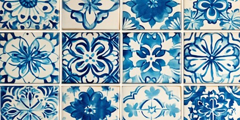 Decorative Tile Delight: A close-up view showcases a captivating arrangement of intricately patterned blue and white tiles, offering a harmonious blend of art and craftsmanship.
