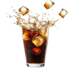 Cola splash with ice cube isolated on transparent background