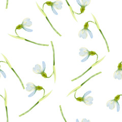 Floral spring seamless pattern with white snowdrops and green steams. Watercolor hand drawn isolated illustration.