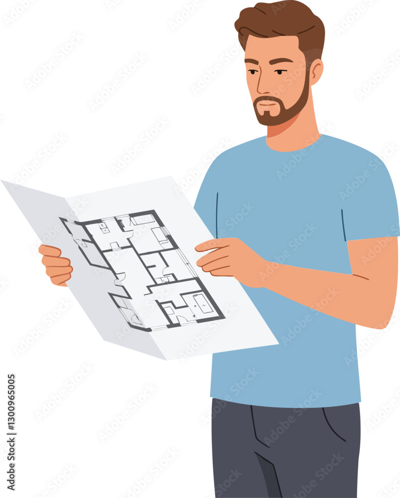 Poster a man examining architectural blueprints with focused expression in a flat design style vector art