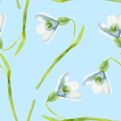 Floral spring seamless pattern with white snowdrops and green steams. Watercolor hand drawn isolated illustration.