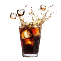 Cola splash with ice cube isolated on transparent background