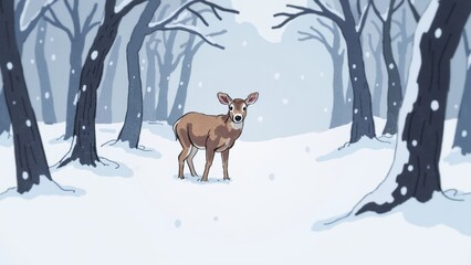 Solitary Deer in Winter Wonderland Amidst Snowy Landscape