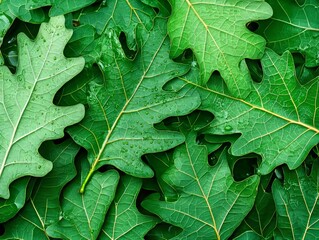 Lush Green Oak Leaves with Dew Drops Nature Close-Up Vibrant Forest High Angle View Natural Beauty
