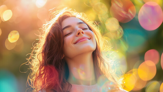 Joyful Woman Smiling with Eyes Closed, Surrounded by Vibrant Sunlight and Bokeh Effects, Radiating Happiness