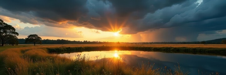 Obraz premium Sun-drenched paddock, dark storm clouds approaching, reflecting in still dam water, peaceful, green