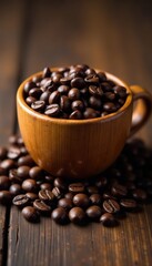 Fototapeta premium Wooden cup overflowing with dark roasted coffee beans , dark, drink, natural