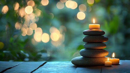 Obraz premium A serene stack of stones and candles creating a peaceful ambiance.