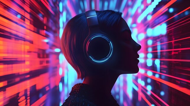 A creative advertisement for a new music streaming service, with abstract sound waves and neon lights