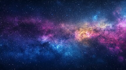 Obraz premium A starry night sky painted with an array of colors, showcasing the Milky Way galaxy and distant stars. The background is dark blue with hints of purple