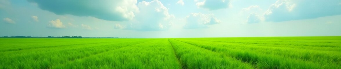 Obraz premium Vast green grass field stretching towards distant horizon under cloudy sky, outdoor, nature