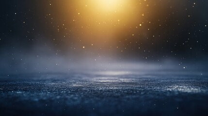 Abstract space with sparkling dust and particles floating above a dark, textured ground plane