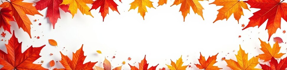 Vibrant fall foliage border with red, yellow, and orange leaves on a white background, border, banner