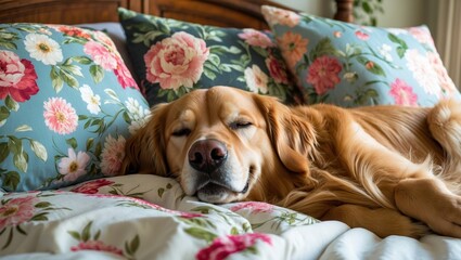 Obraz premium A golden retriever peacefully sleeping on a floral-patterned bedspread surrounded by colorful pillows