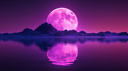 A stunning purple moon above serene water with reflected mountains.