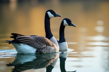 Fototapeta premium Canadian geese glide on calm water, necks arched , autumn, serene, natural habitat