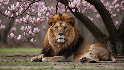 Naklejka premium A majestic lion resting on a grassy area surrounded by blooming pink magnolia flowers, exuding strength and tranquility