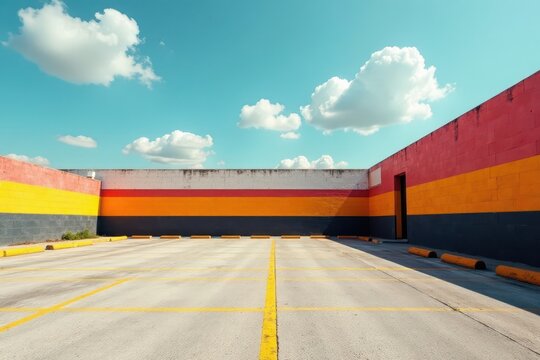 Deserted parking area, bold striped wall feature, pattern, sun