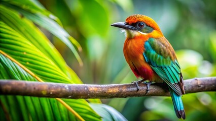 Vibrant Tropical Bird Perched on a Branch Amidst Lush Green Foliage