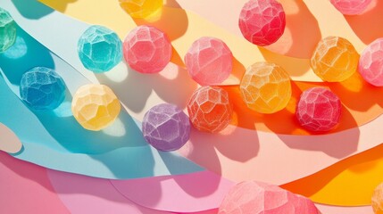 A colorful assortment of candy balls, including some that are purple, pink and yellow. The candy balls are arranged in a way that creates a sense of movement and energy