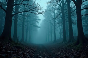 Obraz premium Panoramic view, dark forest, swirling mist, Halloween feel, fantasy, creepy