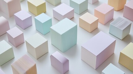 Fototapeta premium A top-down view of various pastel-colored paper boxes, arranged in a harmonious pattern on a neutral surface. 