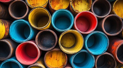 Colorful Rustic Painted Wooden Cylinders Abstract Background Texture Design Pattern Bright Yellow Red Blue Brown Vintage Grunge Stacked Circles art   