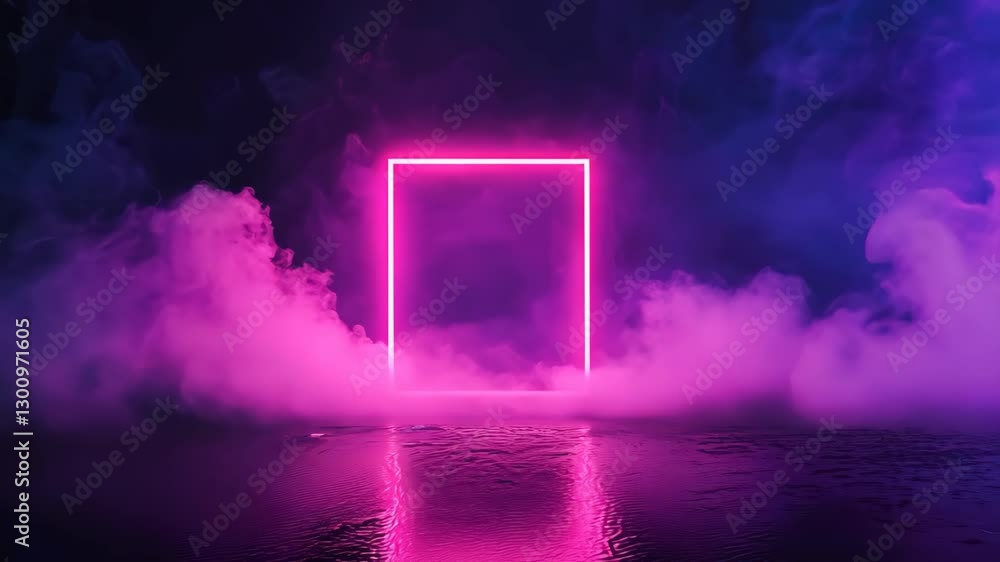 Poster neon rectangle frame with shining effect on dark background surrounded by mystical pink smoke in a f