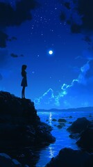 Fototapeta premium A silhouette of a girl stands by the calm sea under a starry night sky.
