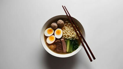 Fototapeta premium A high-quality, high-resolution anime-style vector illustration of a bowl of lighcolored ramen with a couple of chopsticks on a simple white background. The ramen contains broth, noodles, and colorful